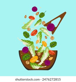 Fruit salad, bitters, tomatoes, almonds, walnuts, fresh vegetable salad, and healthy food float in the air to a wooden bowl that is crushed with fins Isolated illustration on a blue background.