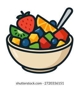 Ícone de tigela de salada de frutas com pedaços coloridos variados e uma colher, fresca e saudável.