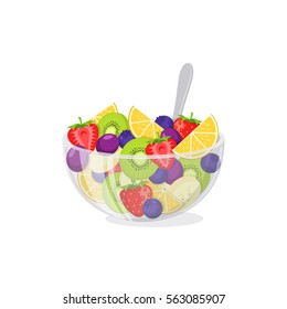 Fruit salad in glass bowl. Healthy vegetarian food  meal isolated on white. 