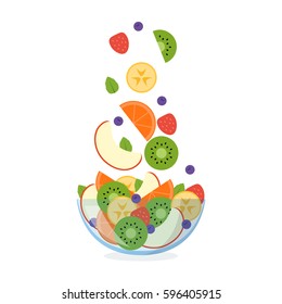 Fruit salad in a glass bowl with ingredients flying in the air. Isolated on white background. Healthy eating concept. Vector illustration in flat design.