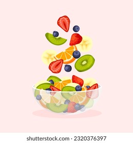 Fruit salad in glass transparent bowl. Banana, orange, strawberry, kiwi are falling in plate. Healthy food. Vector illustration in a trendy flat style