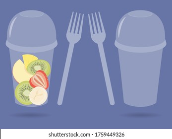 Fruit salad to go in a plastic container with a fork. Cup with fresh healthy takeaway meal. Vector illustration for vegetarian fast food concept.