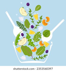 Fruit Salad Green Apple Pineapple Orange Grape Green Salad Healthy Food Float in the air to a glass bowl mashed with a ladle. illustration isolated on a white background.
