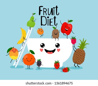 Fruit salad. Healthy diet, fresh fruits and berries with white bowl, organic light calories breakfast vector illustration