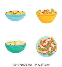 Fruit salad icons set cartoon vector. Salad with fresh fruit and berry. Healthy nutrition concept