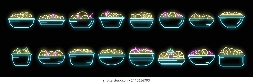 Fruit salad icons set outline vector. Meal calorie. Fresh food neon color on black