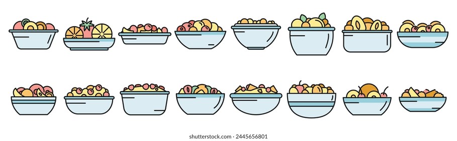 Iconos de ensalada de frutas establecen el Vector de contorno. Comida calórica. Alimento fresco de línea delgada de color plano sobre blanco