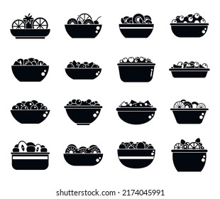 Los iconos de la ensalada de frutas establecen un vector simple. Caloría de la comida. Alimentos frescos