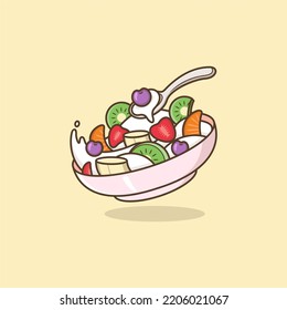 fruit salad illustration. cute cotton in bowl