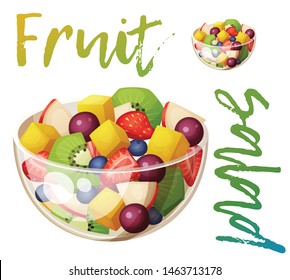 Fruit salad illustration. Summer salad with kiwi, mango, strawberry, blueberry, red apple, grape ingredinets. Cartoon vector food icon isolated on white background