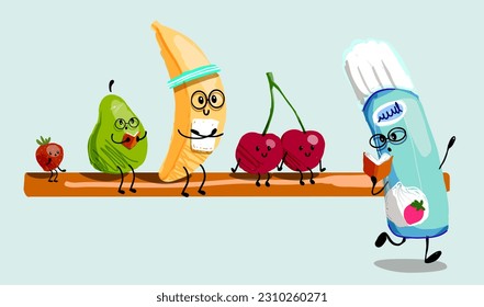 Fruit salad illustration.Funny fruits run to work.Creative background for food design.Whipped cream,cherry,banana,pear and strawberry.Hand drawn.Isolated