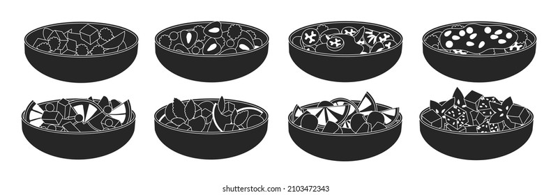 Fruit salad isolated black set icon. Bowl of vegetable food vector black set icon. Vector illustration fruit salad on white background .