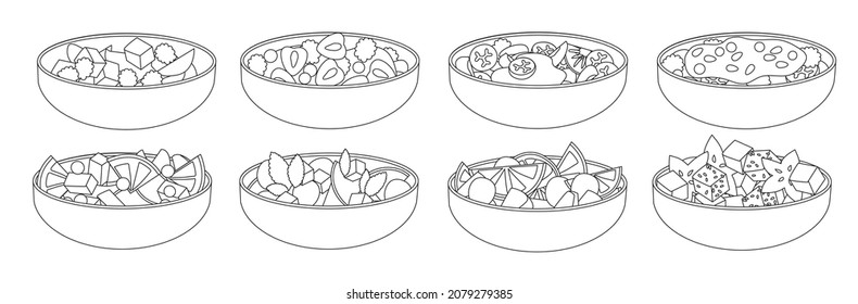 Fruit salad isolated ouline set icon. Bowl of vegetable food vector ouline set icon. Vector illustration fruit salad on white background .