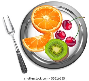 Fruit salad, orange, kiwi, cherry on plate with dessert fork, vector illustration