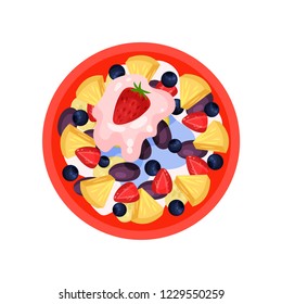 Fruit salad with pineapple, ripe strawberry, plum, blueberry and fresh yogurt, top view. Tasty food. Flat vector icon