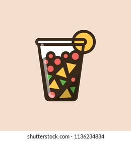 Fruit salad in a plastic container with pieces of fruits and berries. Colorful isolated vector icon in flat style with outline for your project