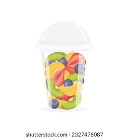 Ensalada de fruta en una taza transparente de plástico. Alimentos saludables. Ilustración vectorial en un estilo plano de moda aislado en el fondo blanco.