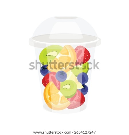 Fruit salad in plastic transparent cup isolated on white background. Healthy food concept. Vector illustration