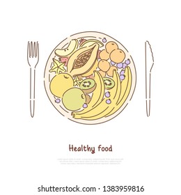 Fruit salad in plate, exotic kiwi, tangerine, carambola slices, raw apples, tropical bananas banner template