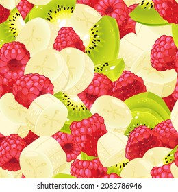 fruit salad raspberries, kiwi and bananas slice seampless vector pattern 