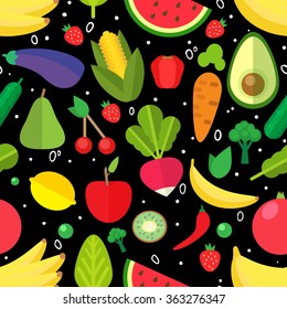 Fruit Salad Seamless Pattern. Organic Food Icons Vector Illustration. Fresh Healthy  Vegetables Made In Flat Style - Each One Is Isolated For Easy Use.