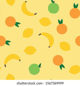 Fruit Salad Seamless Vector Pattern with Apples, Oranges, Lemons and Bananas on a Yellow Background. Perfect For Promoting Healthy Eating and a Balanced Diet.