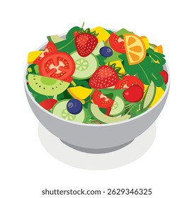 Salada de frutas e legumes em tigela sobre fundo branco.
