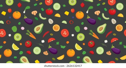 Fruit salad and vegetables seamless pattern background.
