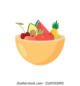 Fruit salad in a yellow bowl isolated on white background. Fresh organic meal. Flat vector design illustration