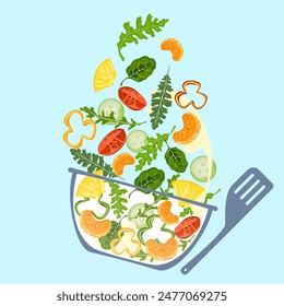 Fruit salads, tomatoes, pineapple, oranges, cucumbers, green salads, greens and other healthy foods float in the air into wooden bowls crushed by fins. Isolated illustration on a light background.
