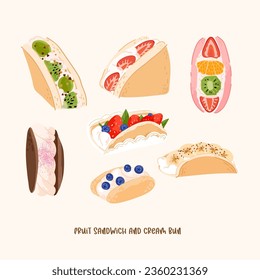 Fruit sando, Japanese fruit sandwich and cream bun with berry vector set. Japan Asian food illustration isolated on beige background