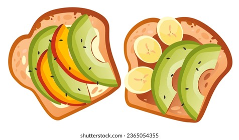 Fruit sandwich. Bread with avocado and bananas. Healthy breakfast. Cartoon vector illustration.
