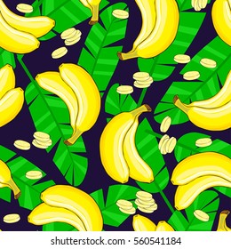 Fruit seamless background. Banana slices and leaves. Pattern.
