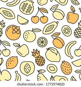 Fruit seamless background. Line pattern with apple, banana, apricot, cherry, orange, lemon, pear. Vegetarian food icon texture. Vector illustration.