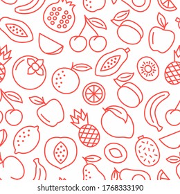 Fruit seamless background. Linear pattern with apple, banana, apricot, cherry, orange, lemon, pear. Vegetarian food icon texture. Vector illustration.