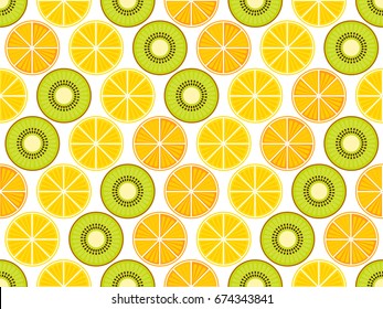 Fruit seamless background with oranges, kiwi and lemons. Vector illustration
