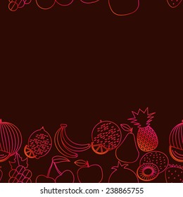 Fruit seamless border pattern. Neon thin style. The image of contour fruits and berries. Endless texture. Use as a background fill. 