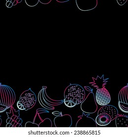 Fruit seamless border pattern. Neon thin style. The image of contour fruits and berries. Endless texture. Use as a background fill. 