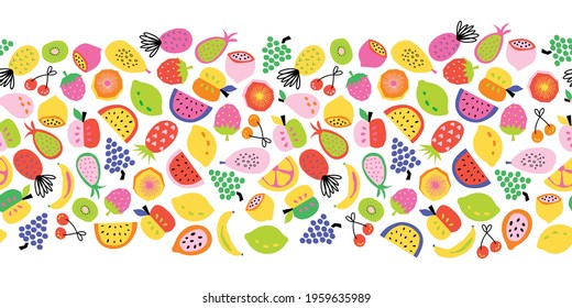 Fruit seamless border vector. Repeating horizontal pattern colorful cute healthy fruit salad. Abstract pineapple lemon banana apple orange strawberry cherry grapes for fabric trim, footer, banner.