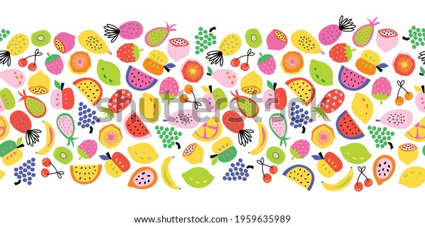 Fruit seamless border vector. Repeating\
horizontal pattern colorful cute healthy fruit salad. Abstract\
pineapple lemon banana apple orange strawberry cherry grapes for\
fabric trim, footer,\
banner.