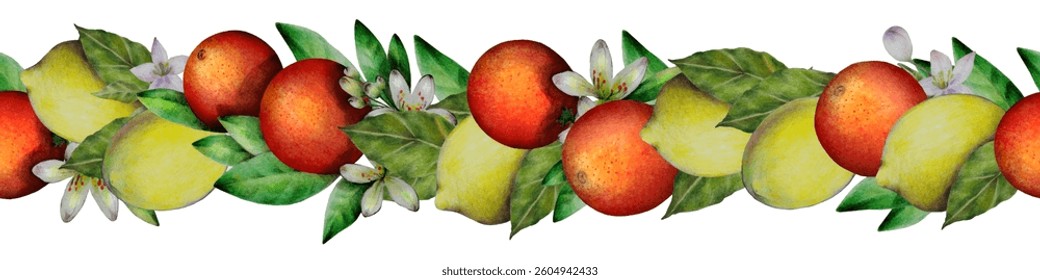Fruit Seamless branch. Oranges and lemons branch watercolor border Isolated on white Background.