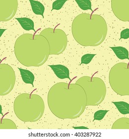 Fruit seamless hand drawn background with green apples and leaves. Fresh summer garden pattern made on cartoon style.