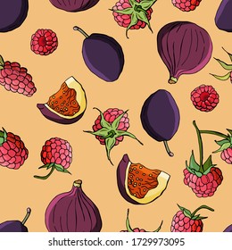 Fruit seamless patern. Plum, raspberry, fig. Cartoon style. Stock illustration. Design for wallpaper, fabric, textile, packaging.