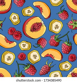 Fruit seamless patern. Raspberry, peach, banana slices. Cartoon style. Stock illustration. Design for wallpaper, fabric, textile, packaging.