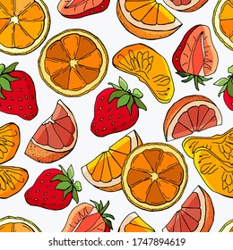 Fruit seamless patern. Strawberries, orange, grapefruit. Whole fruits and slices. White background, isolate. Cartoon style. Stock illustration. Design for wallpaper, fabric, textile, packaging.