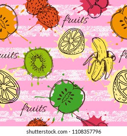 Fruit seamless pattern, apple, banana, kiwi, lemon, cherry, strawberry, colorful picture, hand drawn elements, vector illustration