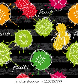 Fruit seamless pattern, apple, banana, kiwi, lemon, cherry, strawberry, colorful picture, hand drawn elements, vector illustration