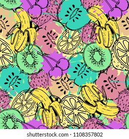 Fruit seamless pattern, apple, banana, kiwi, lemon, cherry, strawberry, colorful picture, hand drawn elements, vector illustration