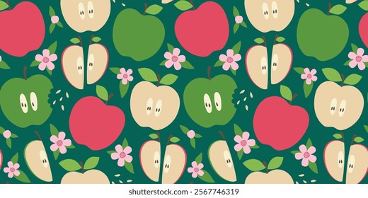 Fruit seamless pattern with apple and flowers in flat design. Simple vector illustration.
