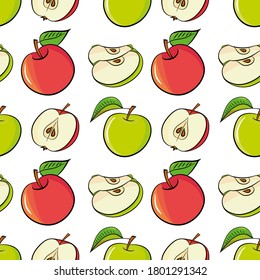 Fruit seamless pattern with apples and leaves. Hand drawn colorful sketch. Vector illustration on white.